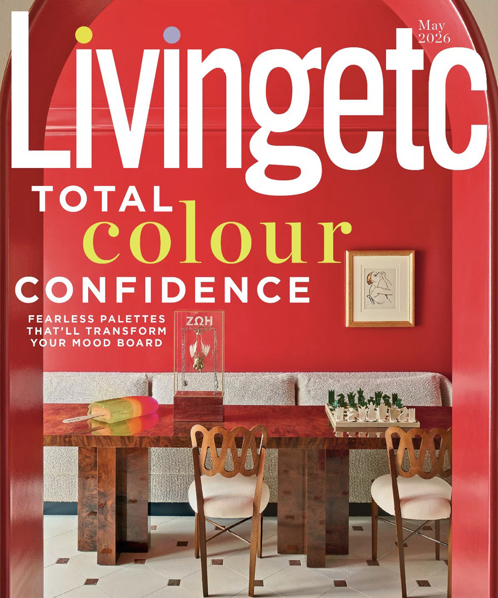 The cover of May 2026 edition of Livingetc Magazine showing  a bright red dining space where colour is the ultimate focus of the magazine