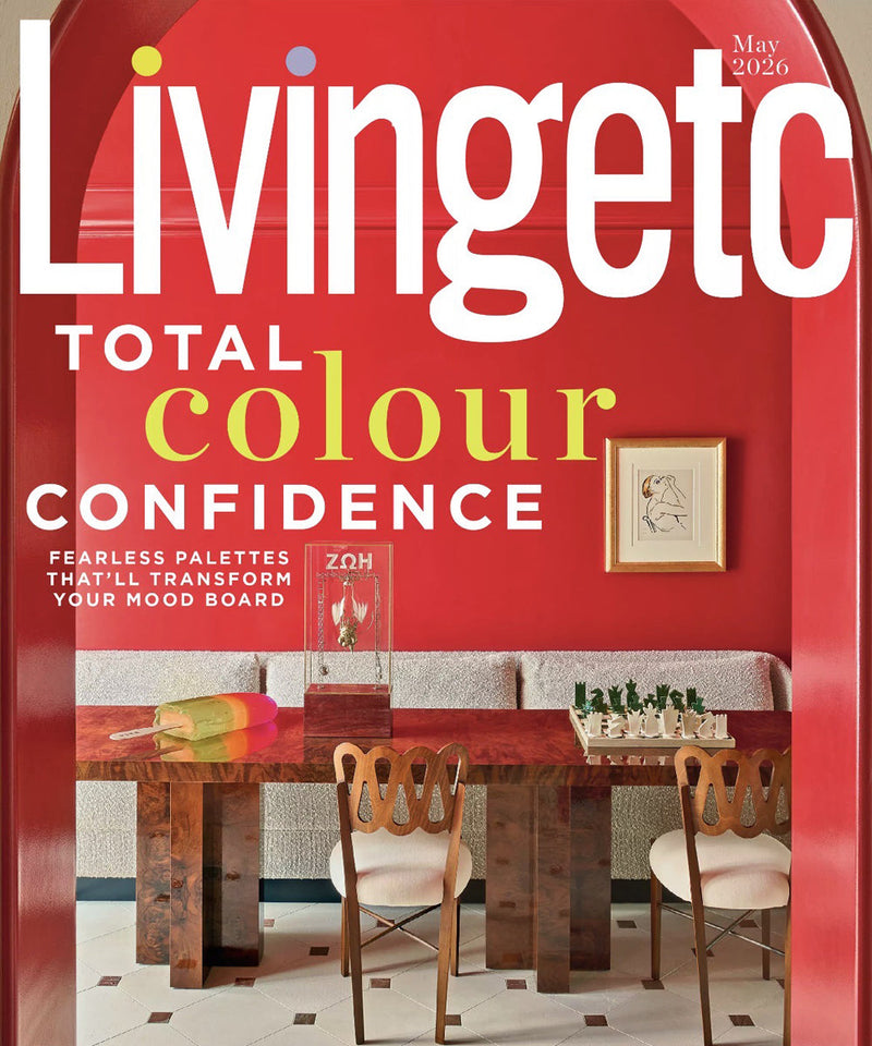 The cover of May 2026 edition of Livingetc Magazine showing  a bright red dining space where colour is the ultimate focus of the magazine