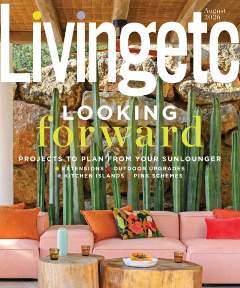 The cover of August 2026 edition of Livingetc Magazine showing  a bright red dining space where colour is the ultimate focus of the magazine