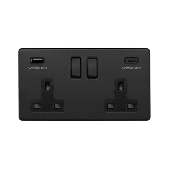 Soho Lighting Camden Collection Matt Black 13A 2 Gang Socket with a USB-A and USB-C Port