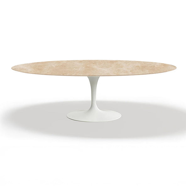 Outlet Knoll Saarinen Dining Table - Oval Marble - Small, White Base, Gloss Emperador Light Marble Top