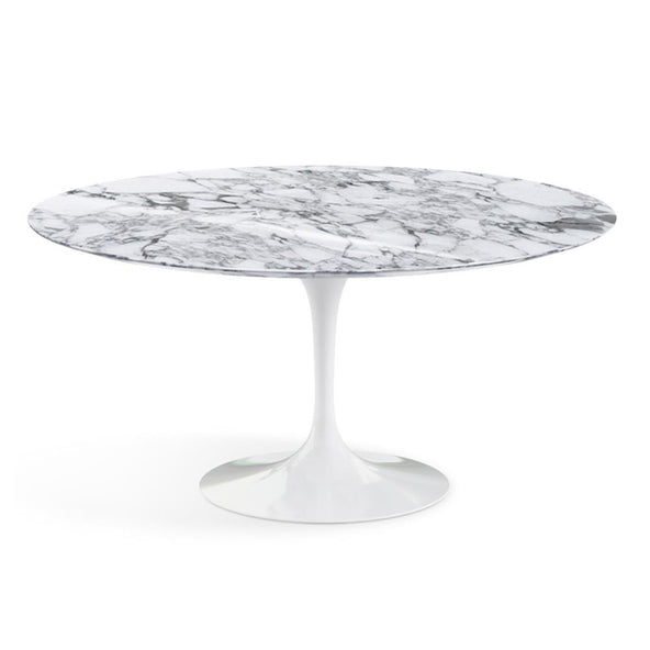 Outlet Knoll Saarinen Dining Table - Round Marble - XXL, White Base, Shiny Arabescato White Marble Top