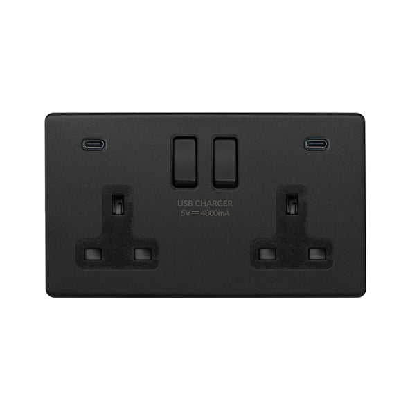Soho Lighting Camden Collection Matt Black 13A 2 Gang C+C Socket with Dual USB-C