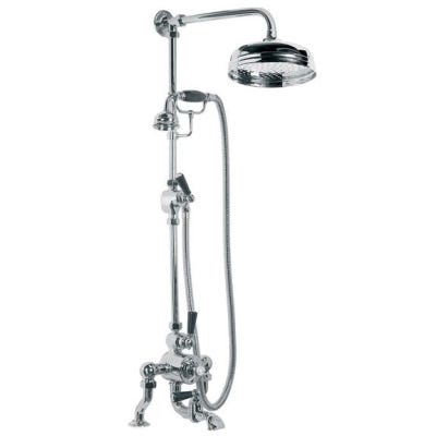 Small image of Lefroy Brooks exposed thermostatic bath shower mixer with black ceramic lever handles, riser kit, handset, diverter, eight inch rose and adjustable riser pipe bracket